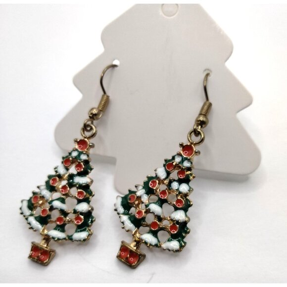 Christmas Tree Earrings Snow Accents - Picture 1 of 4